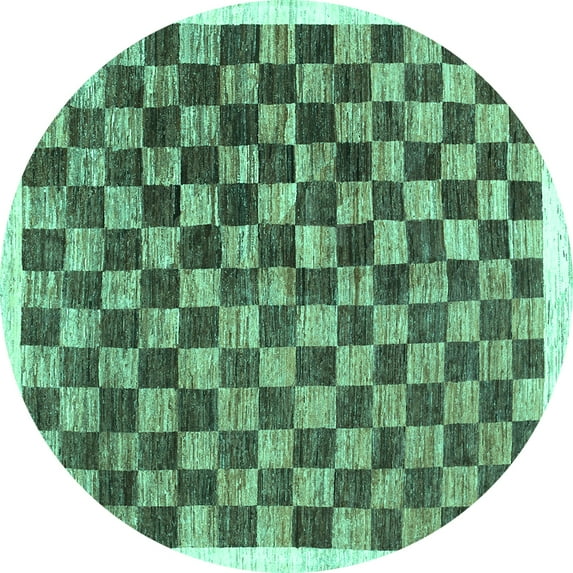 Ahgly Company Machine Washable Indoor Round Checkered Turquoise Blue Modern Area Rugs, 4' Round