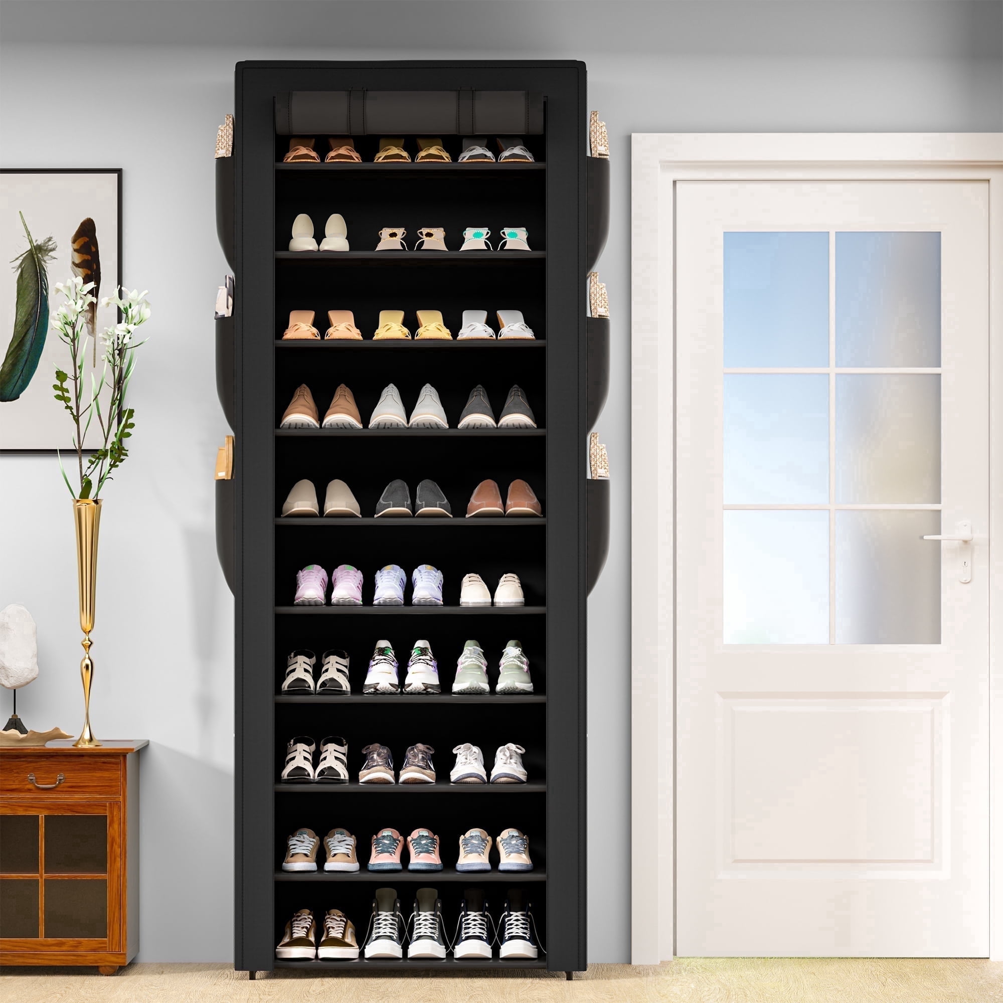 10 Tier Large Dustproof Shoe Cabinet, Tall Shoe Storage Rack with Fabric Cover, Large Capacity Save Space Shoe Shelf for Entryway Closet with pockets