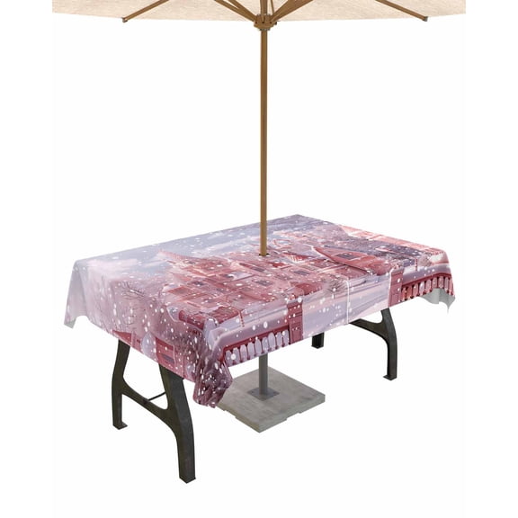 Boanket Outdoor Tablecloth with Umbrella Hole for Patio/Picnic/Party/Camping, Christmas Pink Waterproof Table Cloth Rectangle Table Cover Washable, Pink Town Snowflake Xmas Tree (60"x 84")