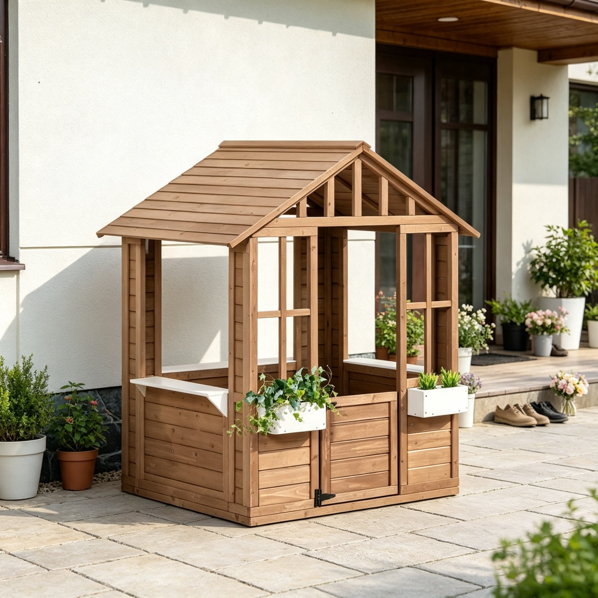 Kids Wooden Outdoor Playhouse, Garden Cottage with Flower Pot Holder & Working