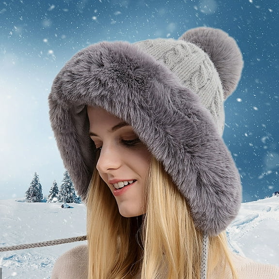 Luowei Christmas Soft Pullover Hat, Gray Winter Thermal Christmas Caps, Women'sPullover Hat With Three Balls Outdoor Thickening Plus Velvet Cold and Warm Pure Color Knitted Hat, One Size