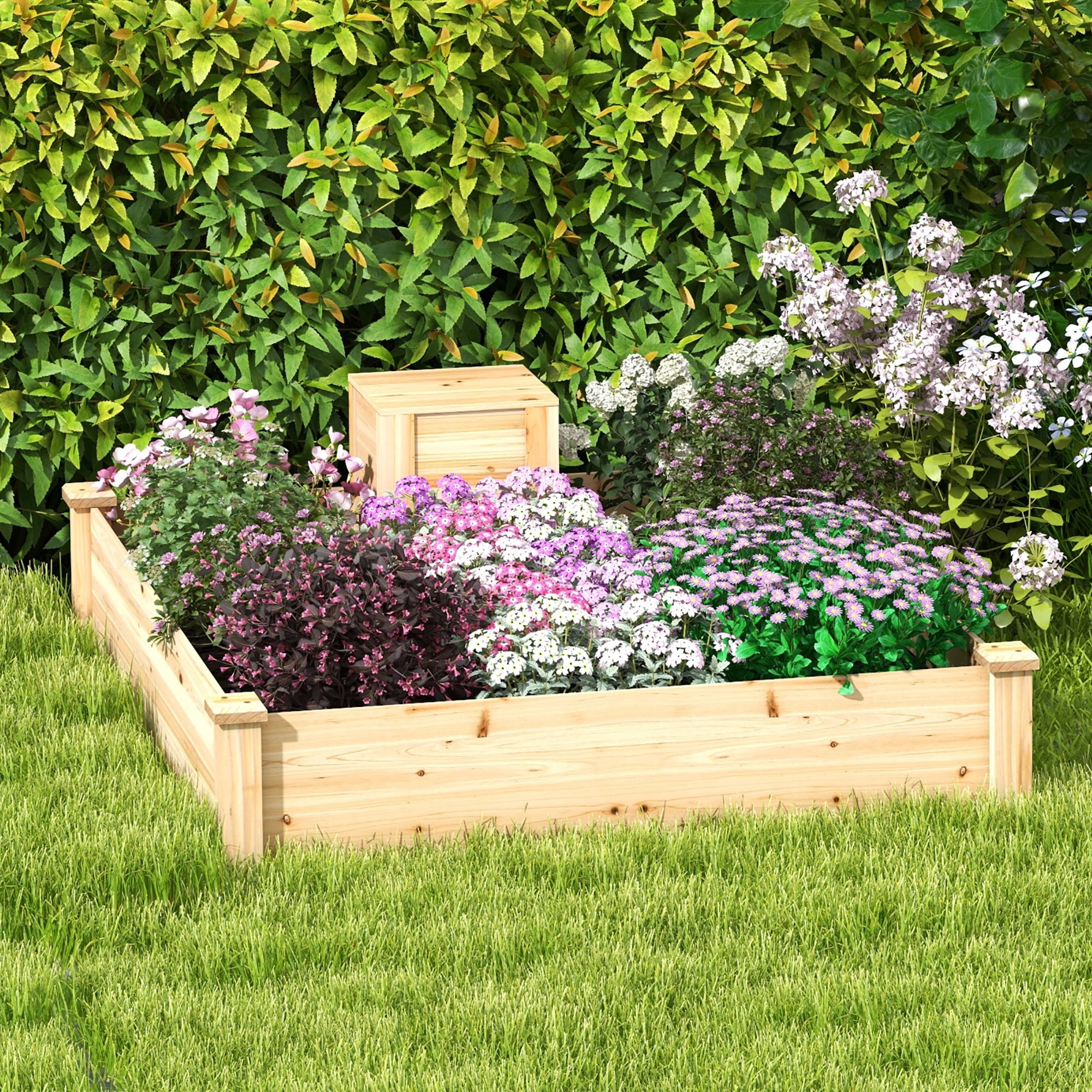 Gymax Raised Fir Wood Garden Bed 49" x 49" x 10" Open Base Garden Bed w/ Composting Bin