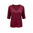 thumbnail image 5 of GZWYHT Women's Basic Ribbed Knit V Neck Elbow Sleeve T Shirts Soft Stretchy Slim Fit Casual Layering Tops for Spring Summer Fall Daily Wear Red XL, 5 of 9