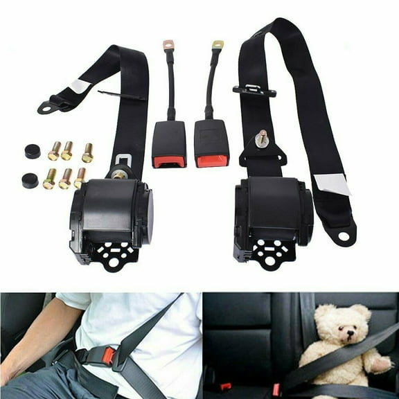 2 Set Safety Belt 3 Point Retractable Adjustable Car Seat Lap Belt Universal for Cars Trucks, Black