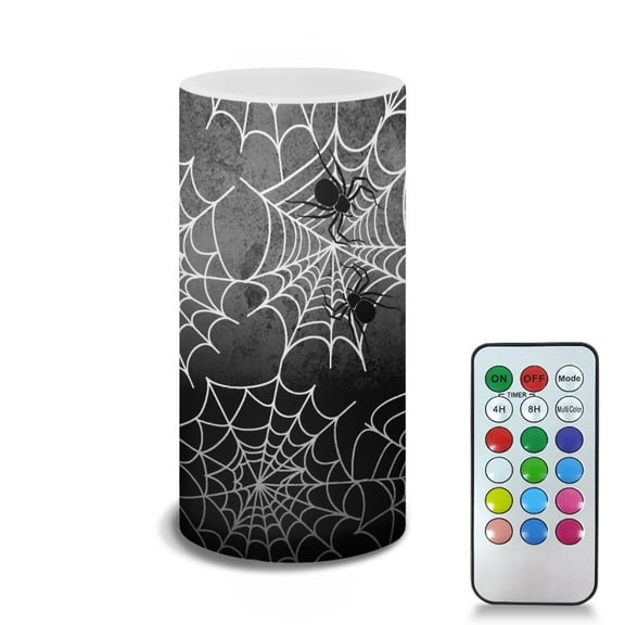 COEQINE Spider Cobweb Grey Flickering Flameless LED Battery Candles Pillar Candles Tealight with 18-Key Timer Remote with Colorful Light for Indoor Outdoor Halloween Home Decoration