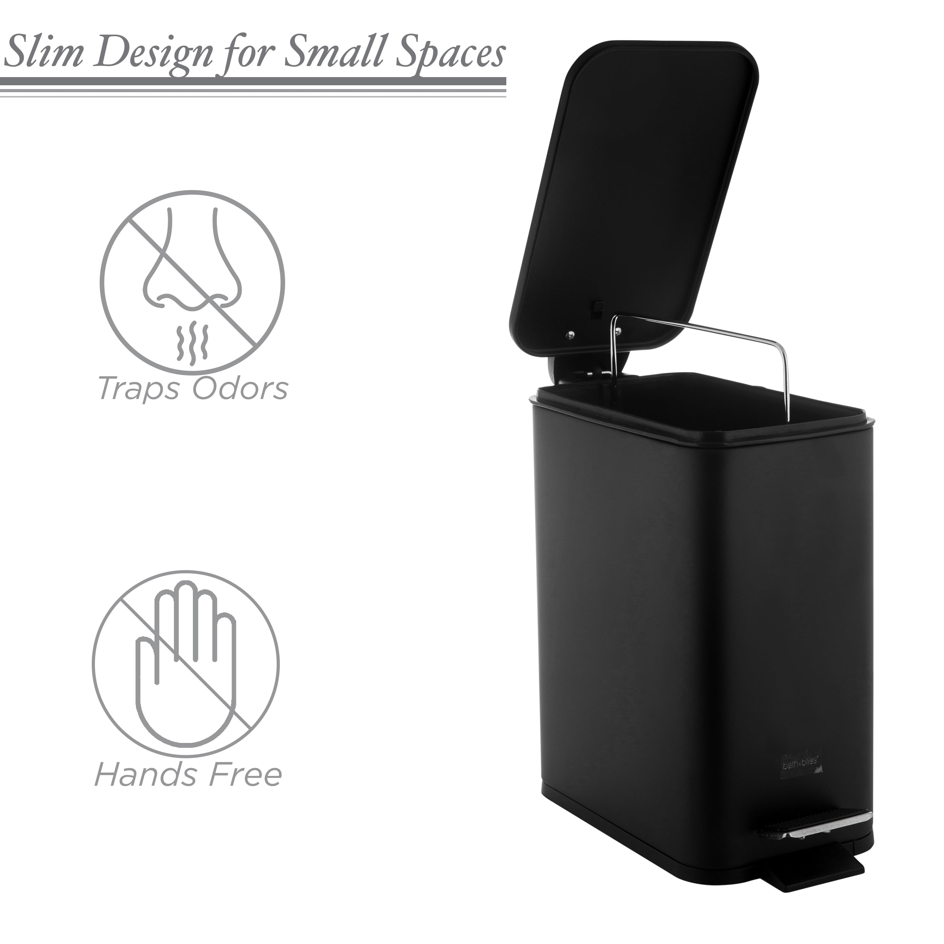 Simplify 2 Pack Slim Rectangular 5 Liter Pedal Iron Wastebasket with Soft Close Lid in Black