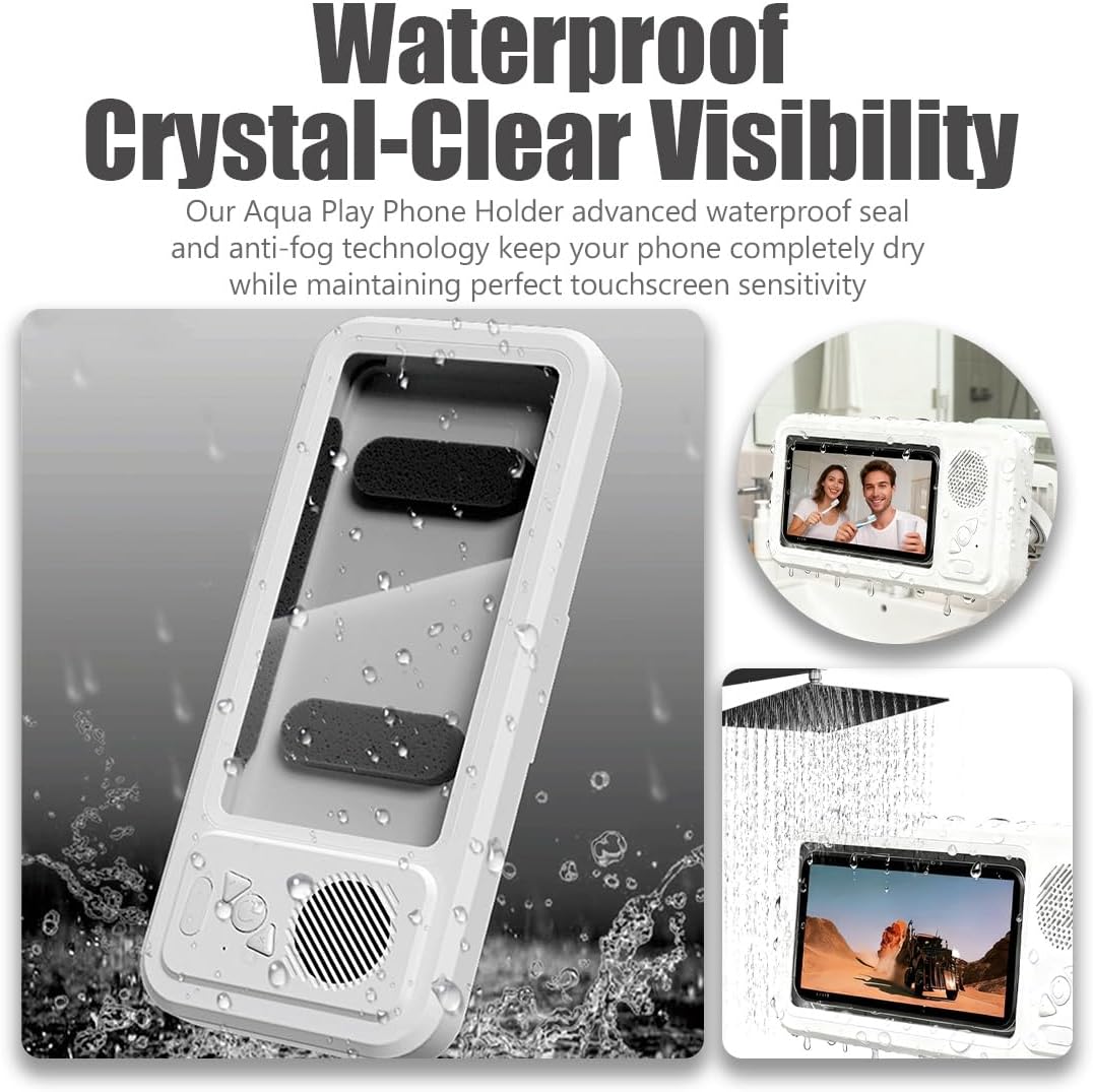 LOUQIBINE Shower Phone Holder with Bluetooth Speaker, 100% Waterproof and Fog-Proof Design, 360° Rotation Mount for Bathroom Use, Compatible with Phones Under 9 Inches