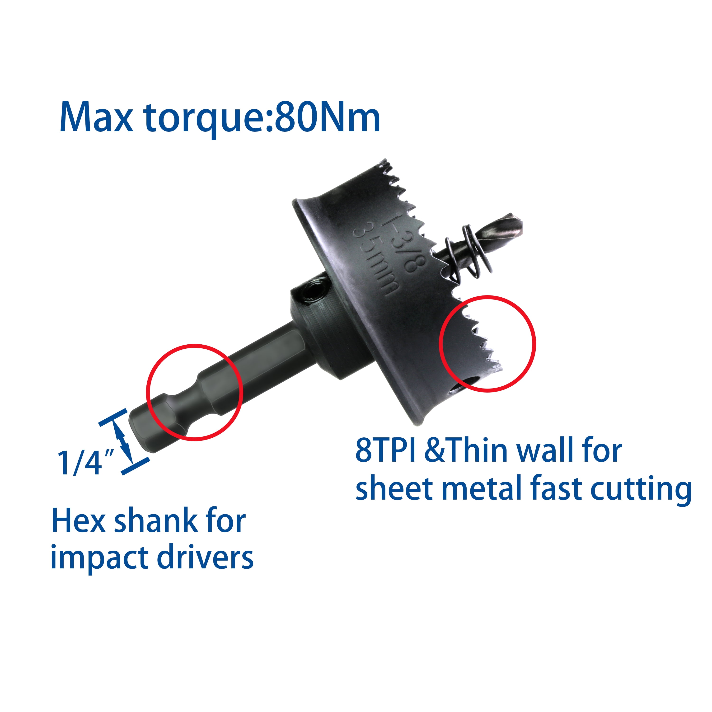 WOWSUPM 7/8, 1-1/8, 1-3/8” Thin-wall HSS Bi Metal Hole Saw Cutter 3pcs Sheet Steel Hole Saw for Impact Driver Plastics Sheet Metal Wood Stainless Steel