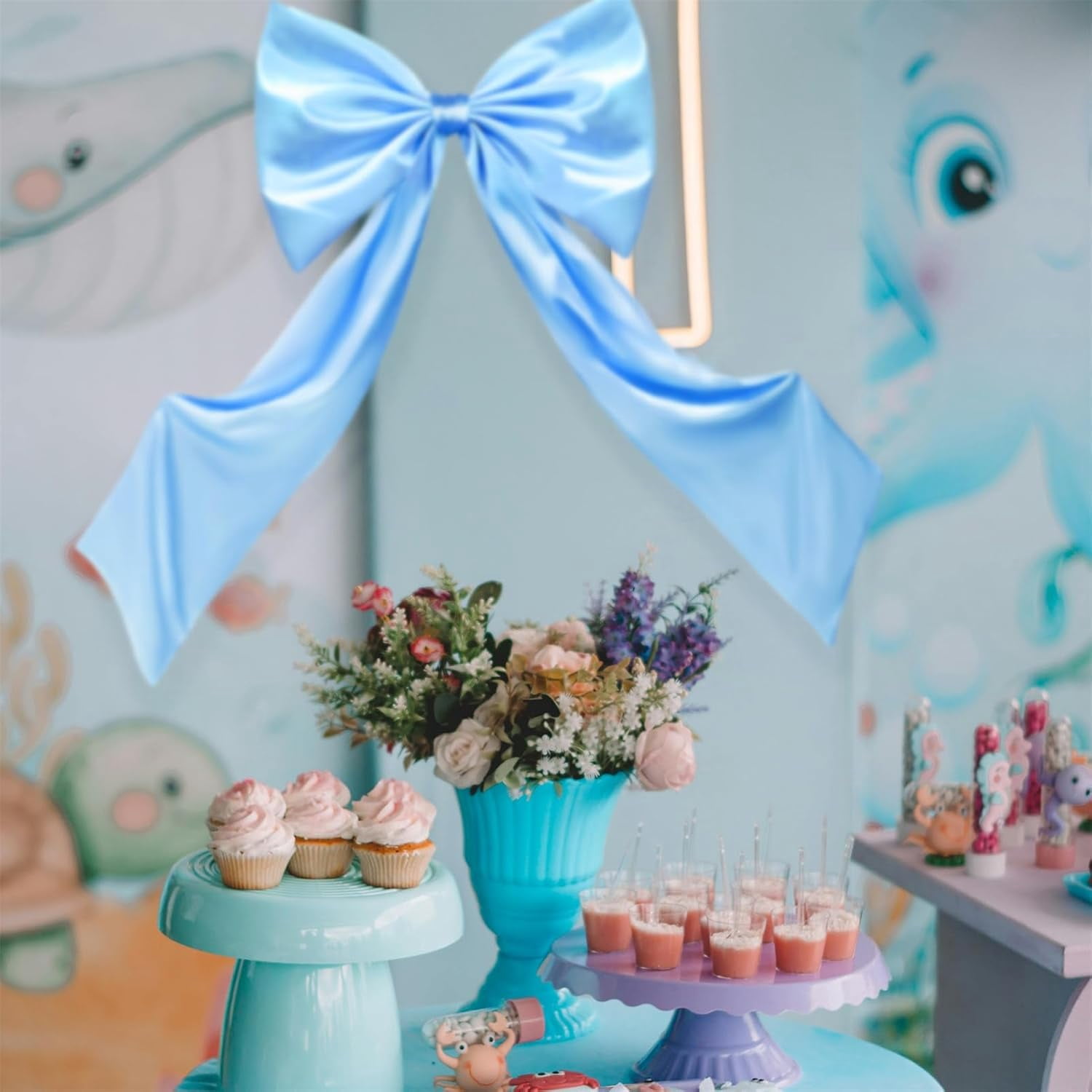 Coquette Large Satin Bow, 24 x 42 Inches, Blue Giant Bow Ribbon Tie for Coquette Room Decor, Birthday Party Backdrop Wall Decoration (Blue)