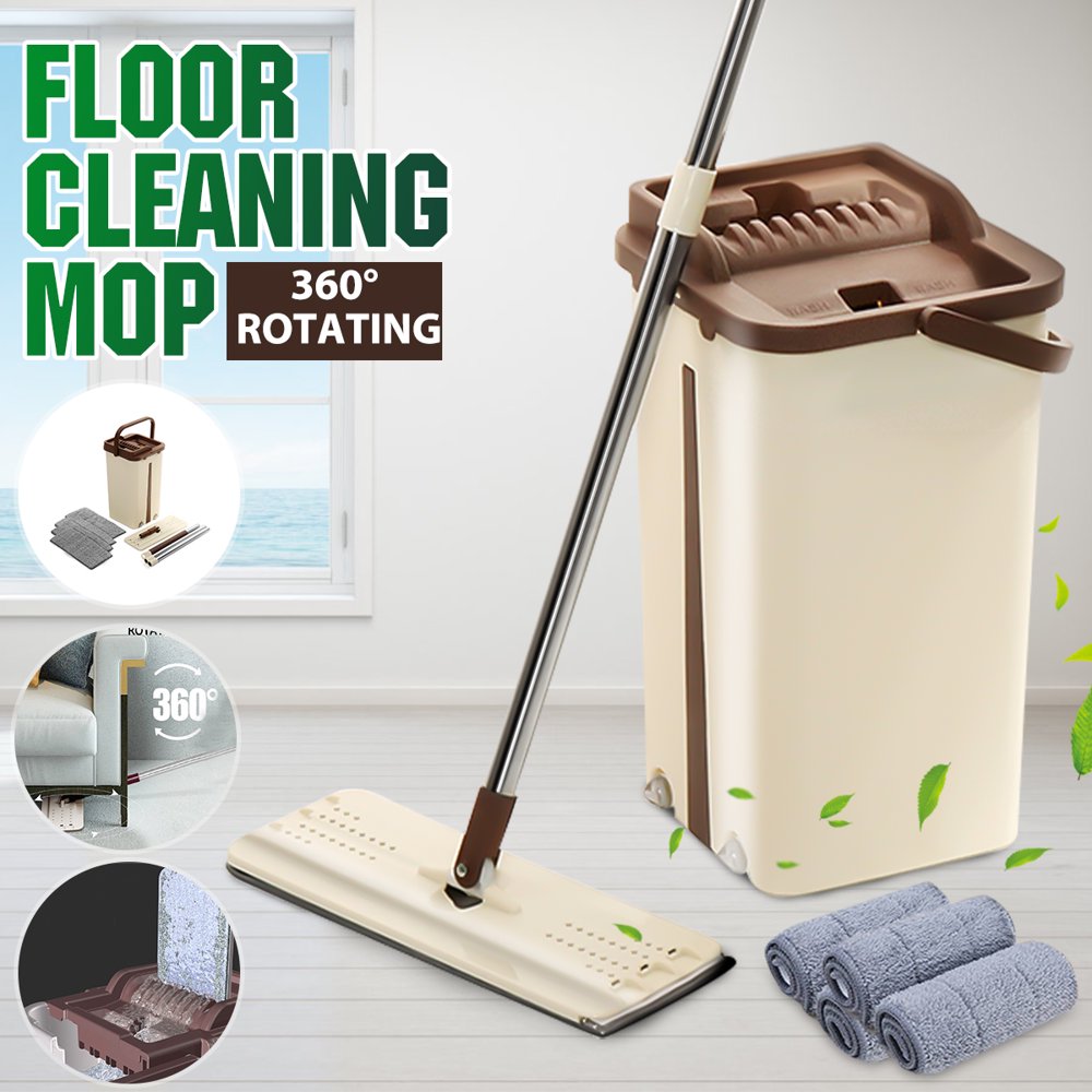 Kitchen + Home Wash & Dry Mop , Self Cleaning Flat Mop and Bucket System with 2/4/6Pcs Reusable