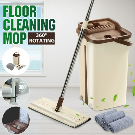 Kitchen + Home Wash & Dry Mop , Self Cleaning Flat Mop and Bucket System with 2/4/6Pcs Reusable Microfiber Mop Pads for Wet and Dry Mopping on All Floor Surfaces