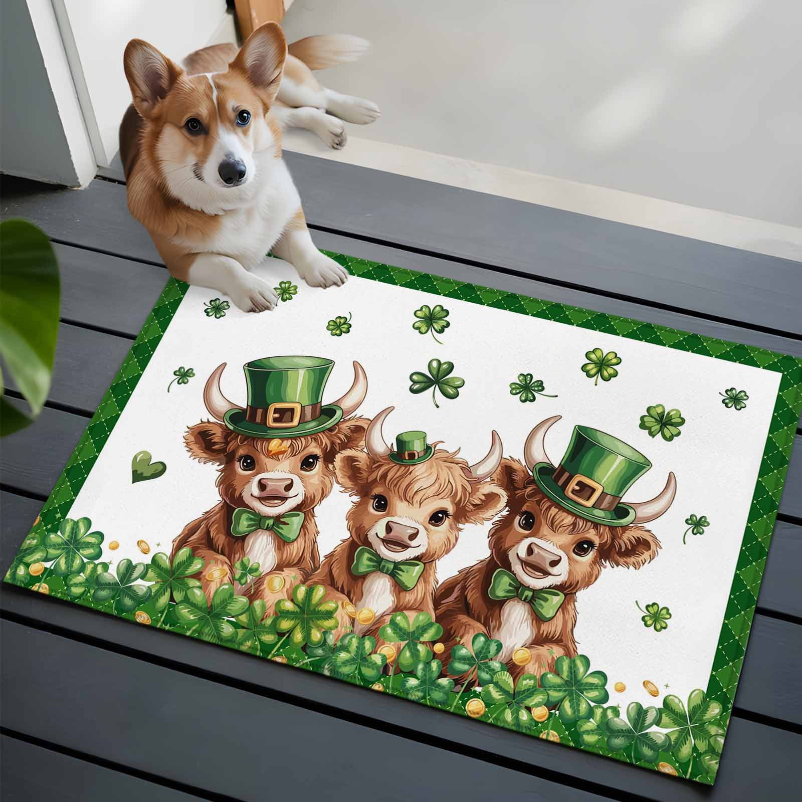 Entryway Rug 2'x3', St. Patrick's Day Small Rug for Kitchen Bathroom Door Mat Indoor Entrance, Cute Highland Cow Shamrock Gold Coin Green Non-Slip Area Rugs Floor Mats Carpet Front Door Rugs