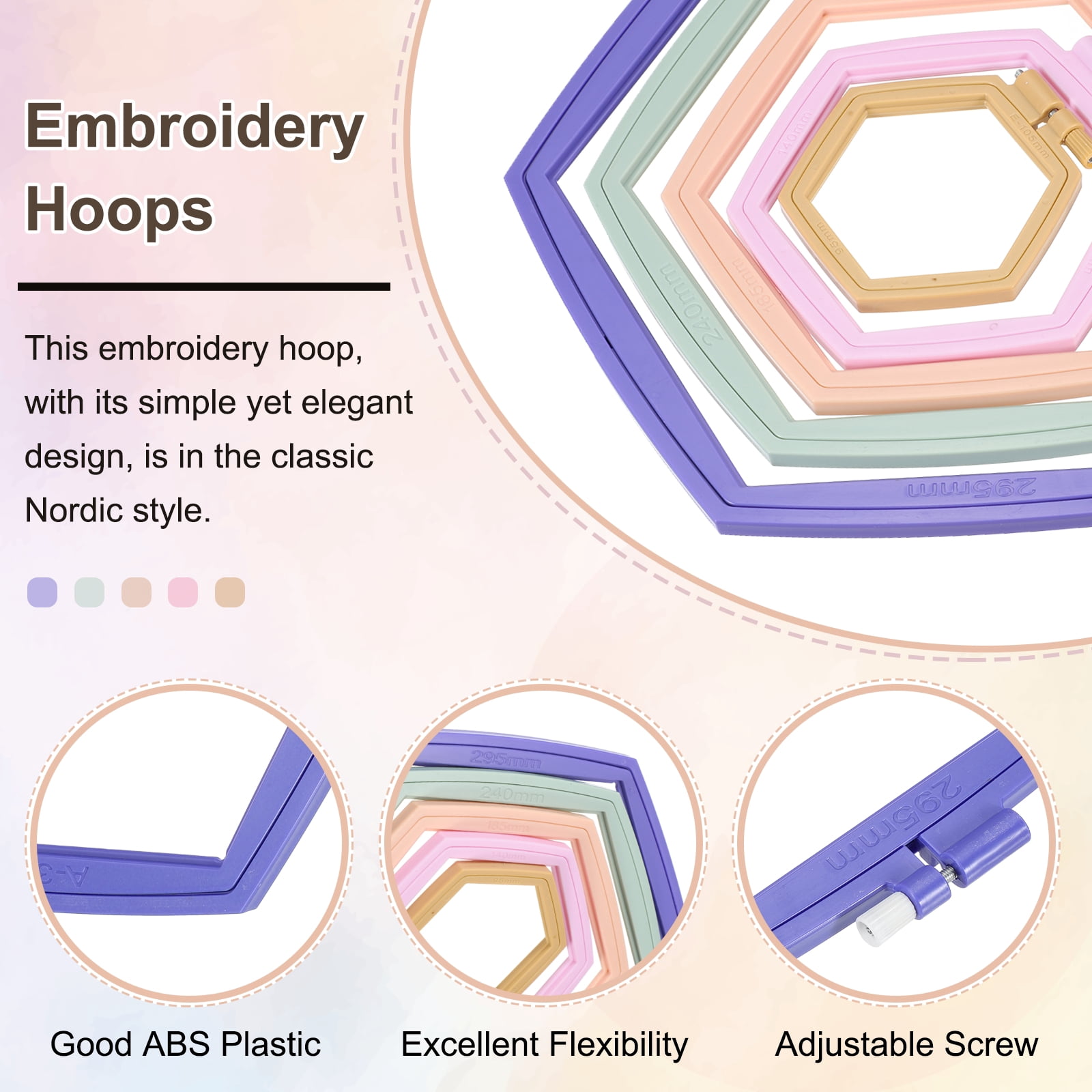 Uxcell 5 Pieces 5 Sizes Hexagonal Embroidery Hoops, ABS Adjustable Cross Stitch Hoops, Multicolored