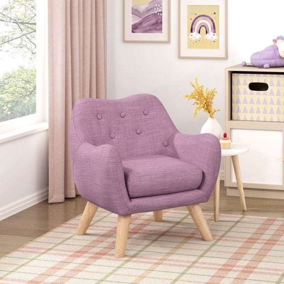 Kids Chair Button-Tufted, Purple Upholstered Toddler Armchair with Removable Washable Seat Cover & Rubberwood Legs, Mid-Century Modern Reading Chair for Playroom
