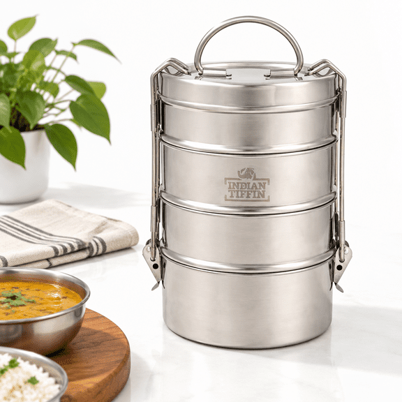 4 Tier Stainless Steel Large Tiffin Lunch Box with Foldaway Handle