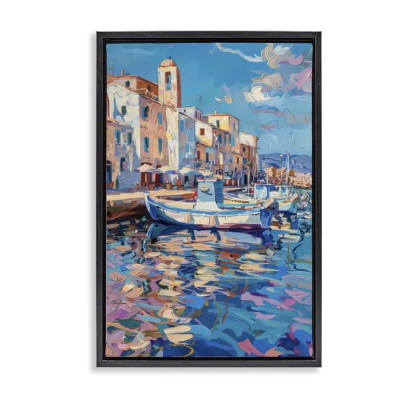 Stupell Industries Coastal City Harbor Cityscapes Painting Black Floater Framed Canvas Art Print Wall Art, 17 x 25