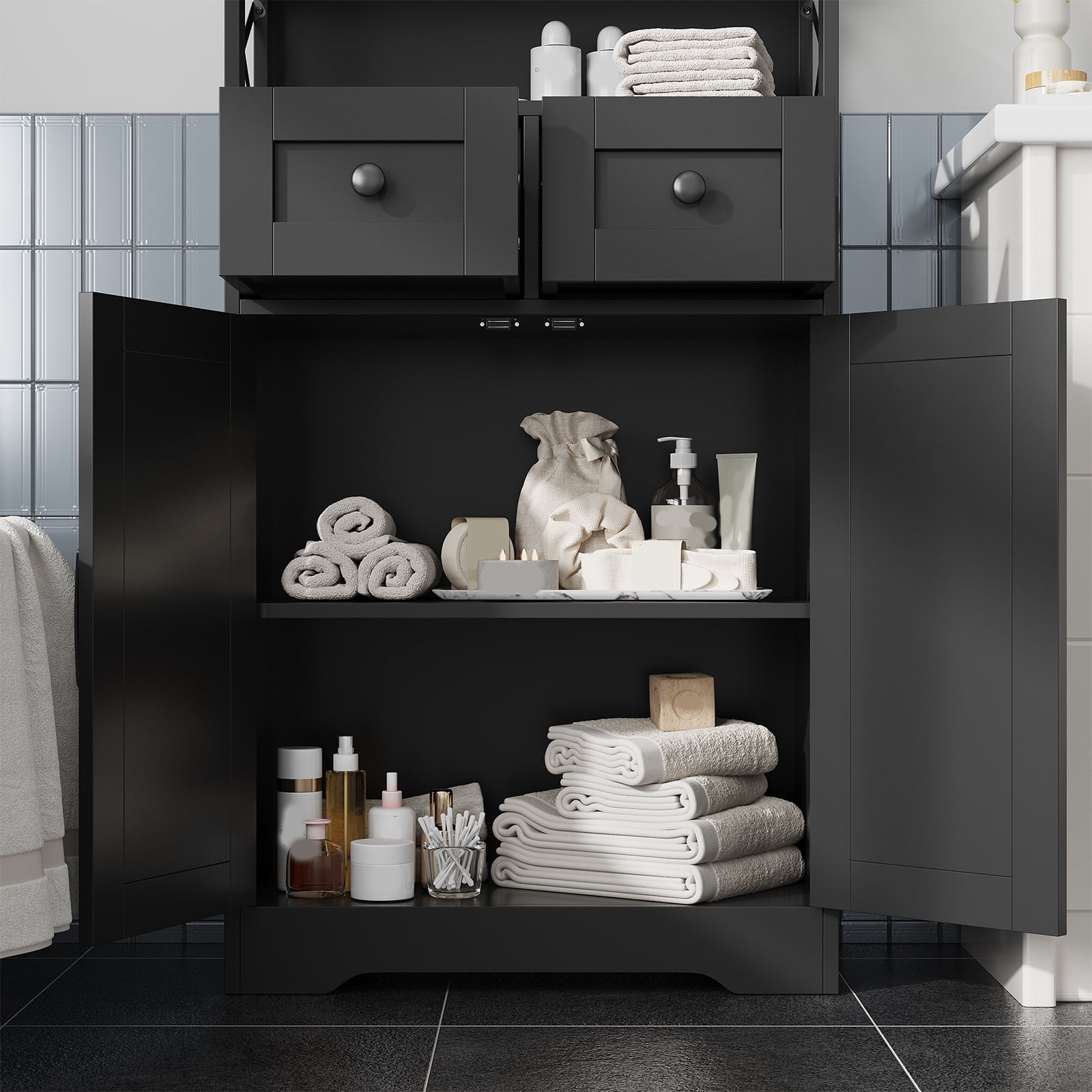 VEANERWOOD Bathroom Floor Cabinet Wooden Storage Organizer with 2 Barn Door, 2 Drawers & Adjustable Shelf, 42.7"H Floor Bathroom Storage Cabinet