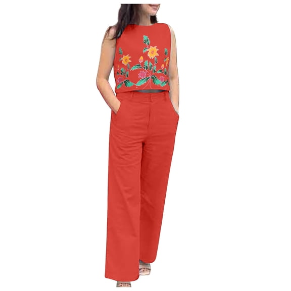 2 Piece Summer Outfits for Women Dressy Casual Floral Print Sleeveless Crop Tank Top and Wide Leg Pants Pockets (X-Large, Red)