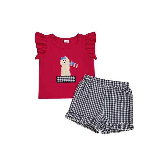 Kids Toddler Baby Girls 4th Of July Outfits Dog Embroidery Striped Fly Sleeves Smocked Tops T-Shirt Shorts Set Summer Fourth Of July Clothe s