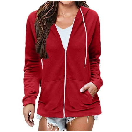 Womens Zip Up Hoodies Lightweight Casual Hooded Jacket Long Sleeve Sweatshirt Jacket Sweater with Pocket Spring Fall Cardigan Loose Sweat Top Trendy Outfits Athletic Wear wine M