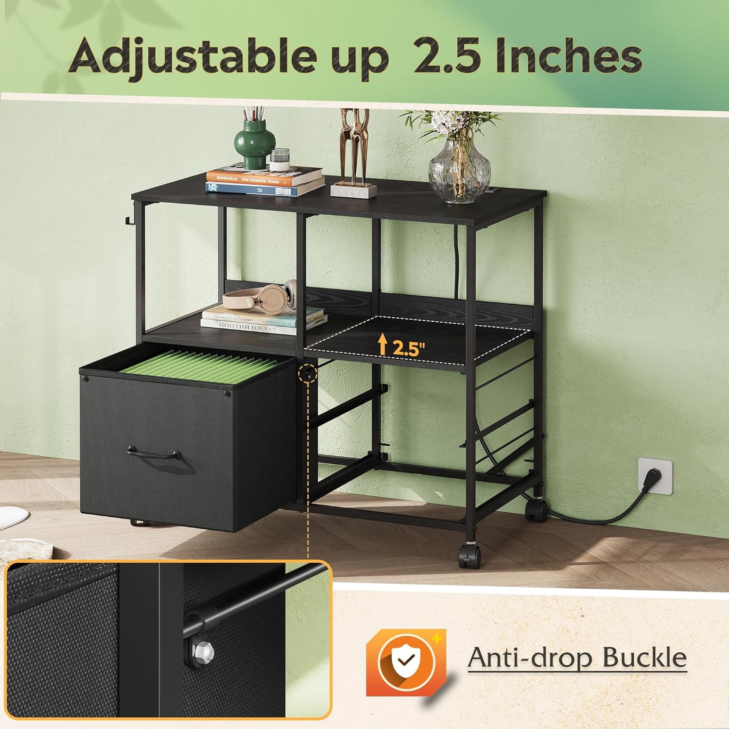 HZshop 3 Drawer File Cabinet with Charging Station, Rolling Printer Stand for Office Storage, Mobile Filing Cabinet fits Under Desk Storage, Black