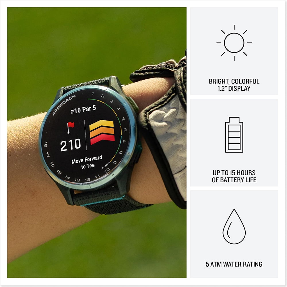 Garmin Approach J1 Cloud Blue Aluminum Bezel with Black/Azure ComfortFit Fabric Band 010-03898-00 Bundle with Deco Essentials Charging Dock, 3x Silicone Dust Cover and 2x 1.2 Inch Screen Protector