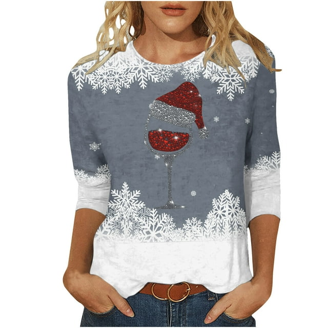Pisexur Chandails en Molleton de Noël pour Femmes Manches 3/4 Chemises pour Femmes Chandails en Molleton Graphiques Amusants Col Rond Décontractés Vacances Chandails à Capuchon Confort Mode Automne Chandail Tops