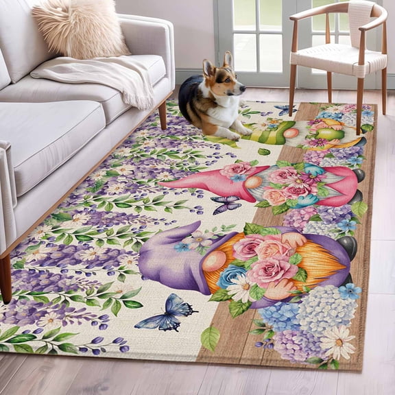 Blue Purple Gnomes Area Rugs 4'x6', Washable Small Throw Rugs for Office Bathroom, Spring Vintage Hydrangea Flower Leaf Indoor Outdoor Rug Non-Slip Low Pile Carpet Runner Reversible Floor Mats