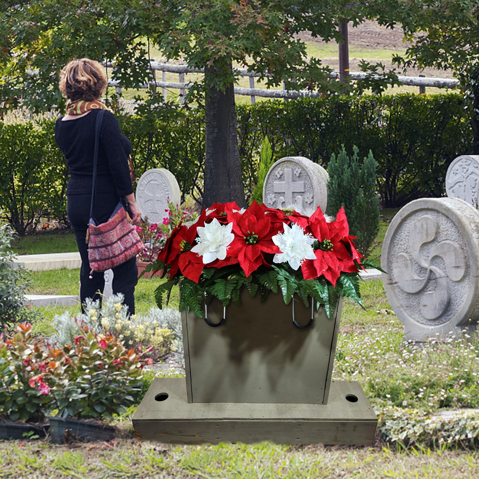 IMossad Sympathy Silks Artificial Cemetery Flowers - Mothers Day Flowers - 30" Red Roses Saddle for Headstone Decoration