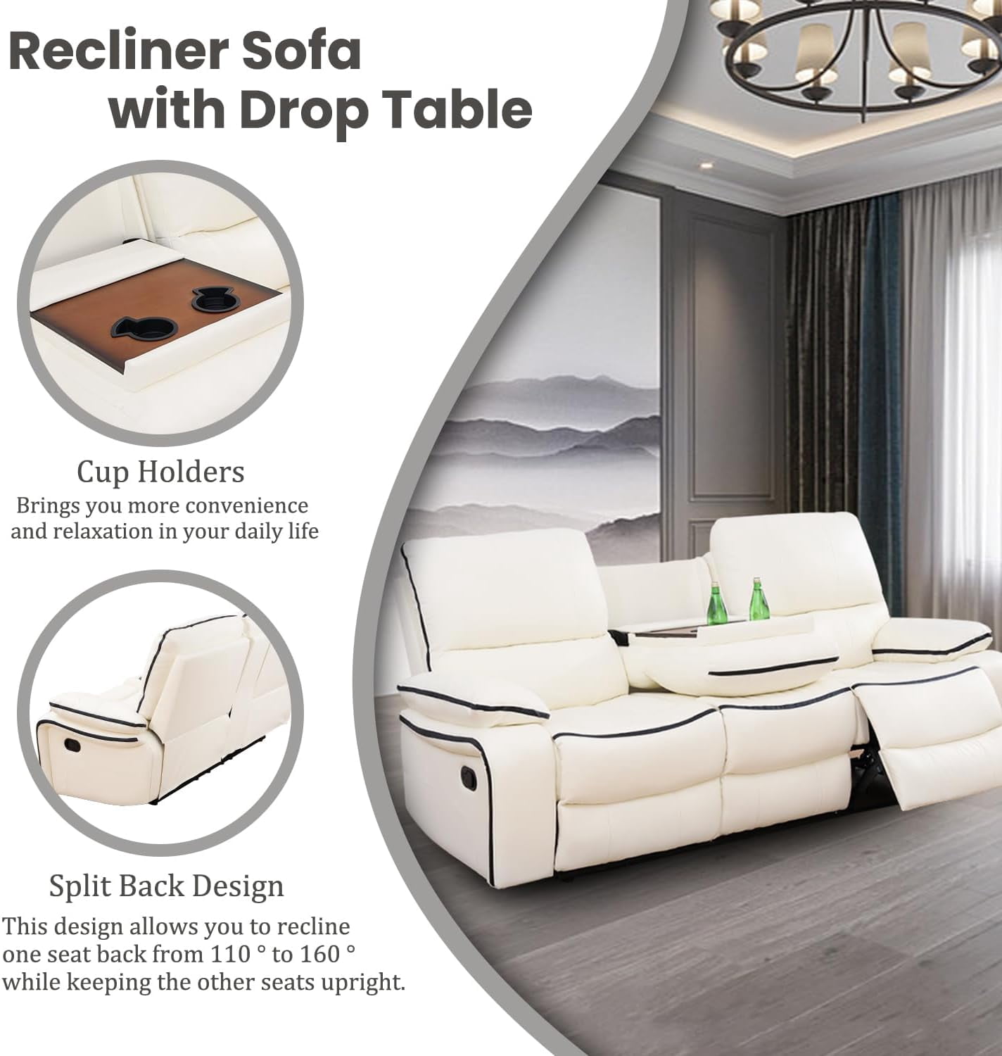 Recliner Sofa Set Bonded Leather, Living Room Furniture Set,Leather Sofa Set Reclining Sofa Manual Recliner Couch (Sofa+Loveseat+Chair,Cream White)