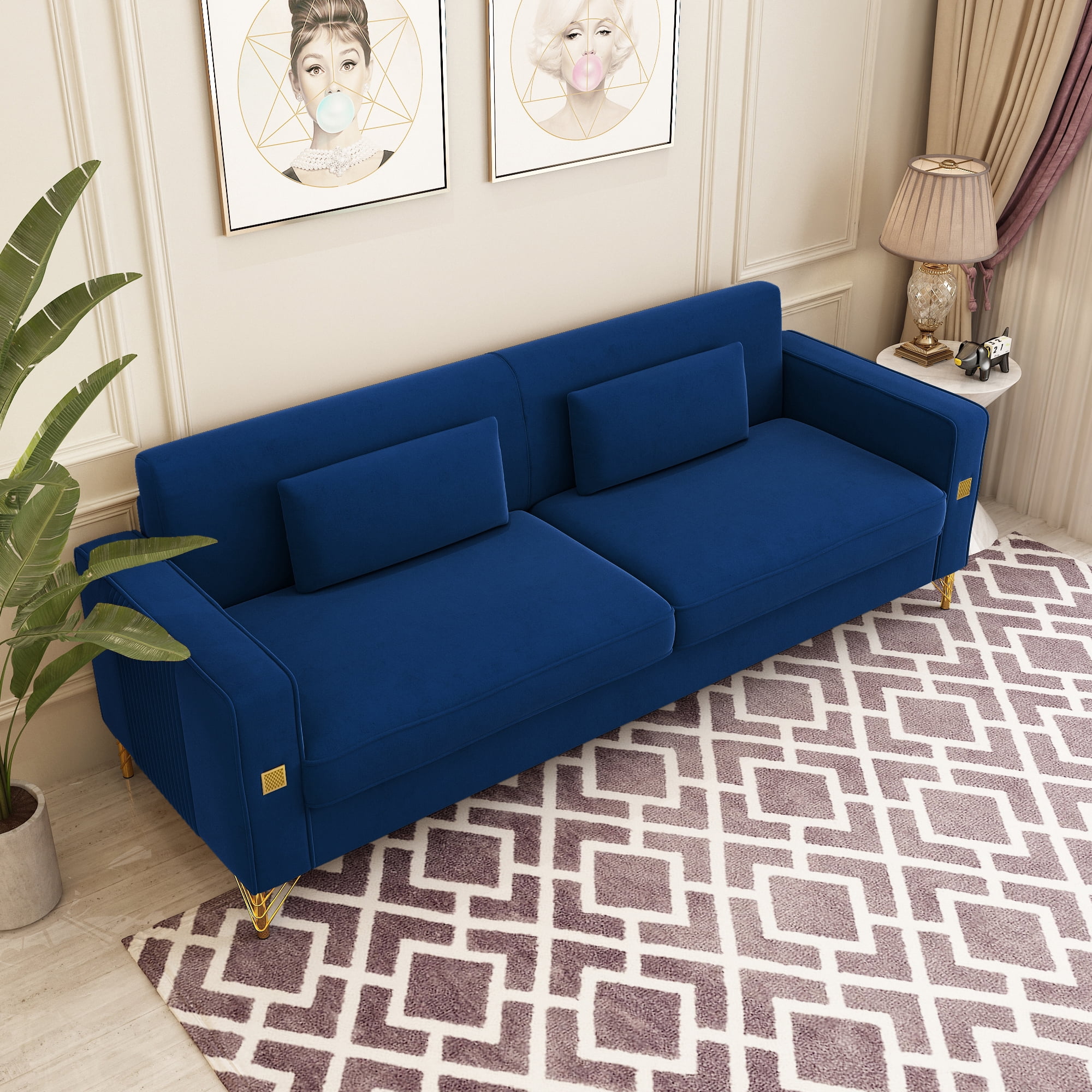 Modern Velvet Upholstered Sofa Couch with Pillows Removable Cushions and Gold Metal Legs for Living Room Office Apartment