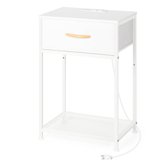 White End Table with Charging Station, Modern Nightstand with Fabric Drawer and Mesh Shelf, Side Table for Bedroom, Living Room