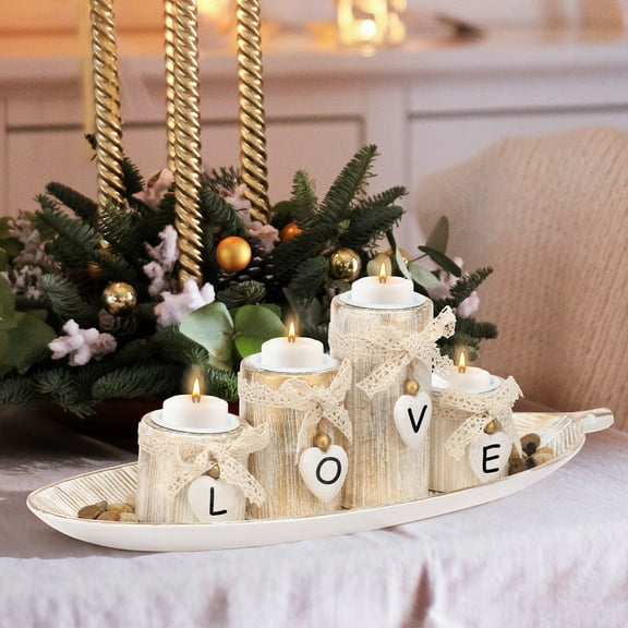 4PCS Tealight Candle Holder with Tray and Decorative Pebble 4Pcs Wooden Candle Holder Set Windowsill Coffee Table Bathroom Decor