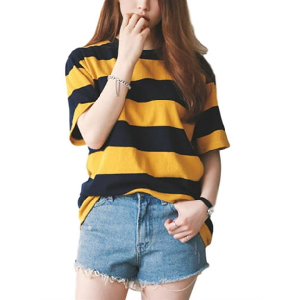 SySea - Yellow Black Striped Women Short Sleeve Loose T-Shirt Tops