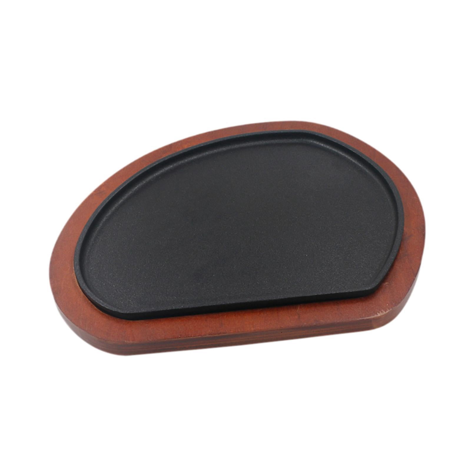 Baoblaze Cast Iron Steak Plate Wood Tray Griddle Steak Plate, Nonstick Cooking Plate Fajita Skillet for Home Picnic Camping Restaurant