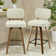 Swivel Counter Height Bar Stools, Set of 2, 26 Upholstered PU Leather Barstools with Back Wood Legs, Mid Century Modern Bar Chair Island Stool for Kitchen Counter, Cream White