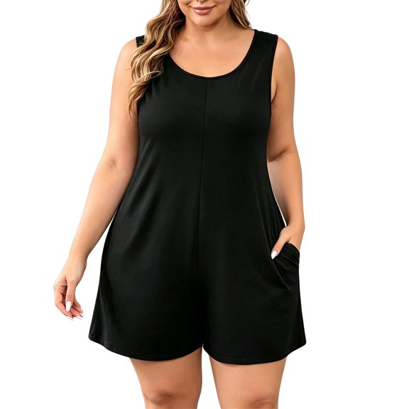 Women's Plus Size Jumpsuits Casual Sleeveless Short Overalls Pleated Front Rompers Summer Loose Fit One Piece Outfits with Pockets