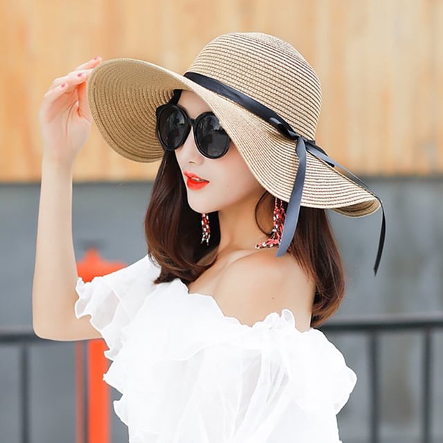OUTAD - Sombrero de playa para mujer, portátil, plegable, enrollable, de ala ancha, con visera solar y protección UV, de paja flexible y flexible, para playa, color negro, caqui y azul marino.
