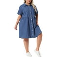 thumbnail image 4 of Agnes Orinda Women's Plus Size Babydoll Denim Dress Button Down Lapel Short Sleeves Casual Jean Shirt Dresses with Pockets 5X Mid Blue, 4 of 7