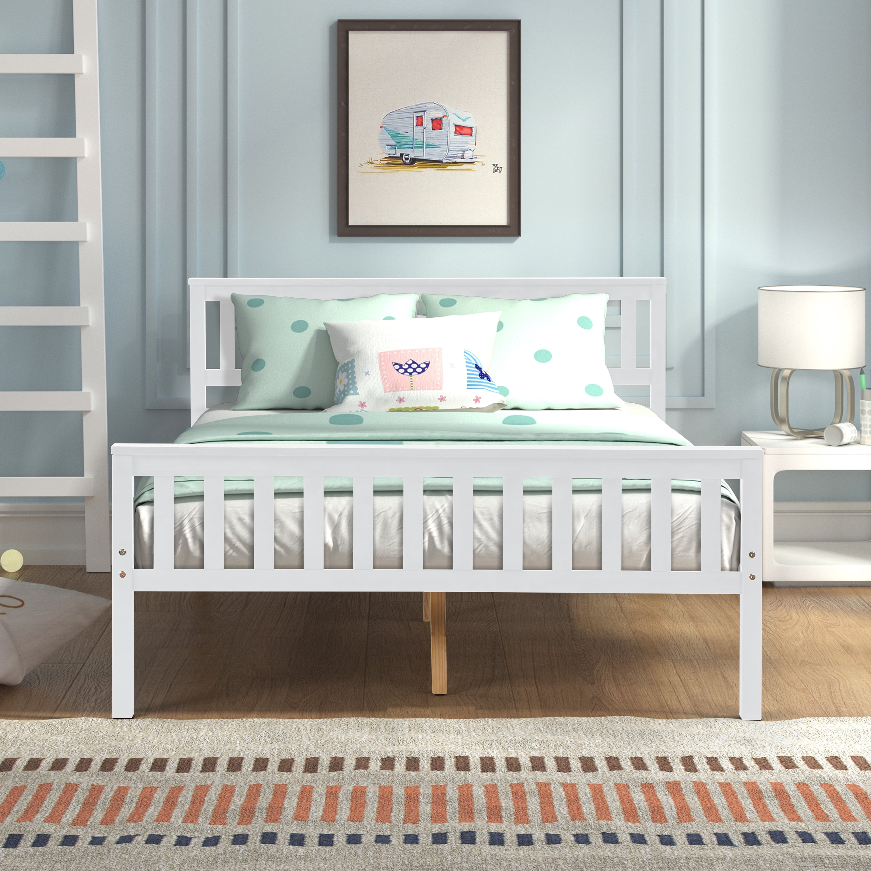Sesslife Wood Platform Bed Frame, White Full Bed Frame with Headboard