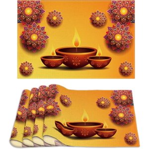 Linen Diwali Placemats Set of 4 Happy Diwali Table Mats Indian Diwali Decor Festival of Lights Decoration and Supplies for Home Kitchen Table-12×18