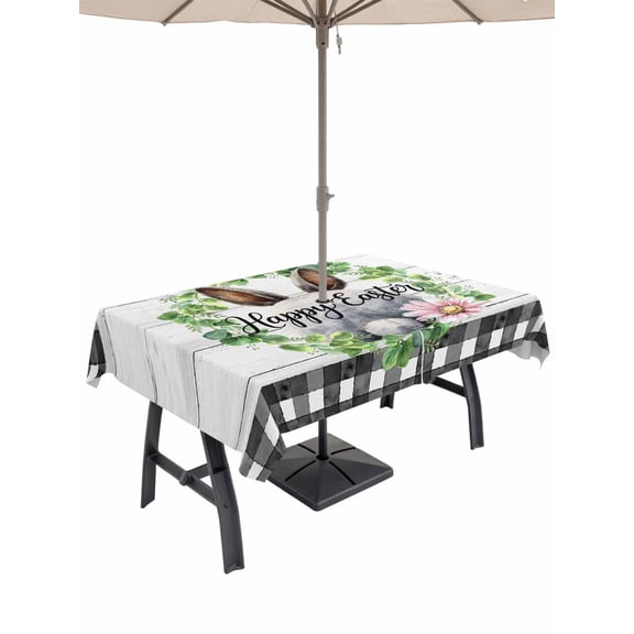 Easter Outdoor Tablecloth - 52x70 Inch Rectangle Dining Table Cover, Spring Watercolor Bunny Flower Leaf Grey Wood Grain Waterproof Outdoor Table Cloth with Umbrella Hole & Zipper for Picnic/Patio