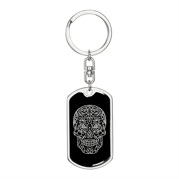 Calavera Mexican Sugar Skull 3 Stainless Steel or 18k Gold Premium Swivel Dog Tag Keychain