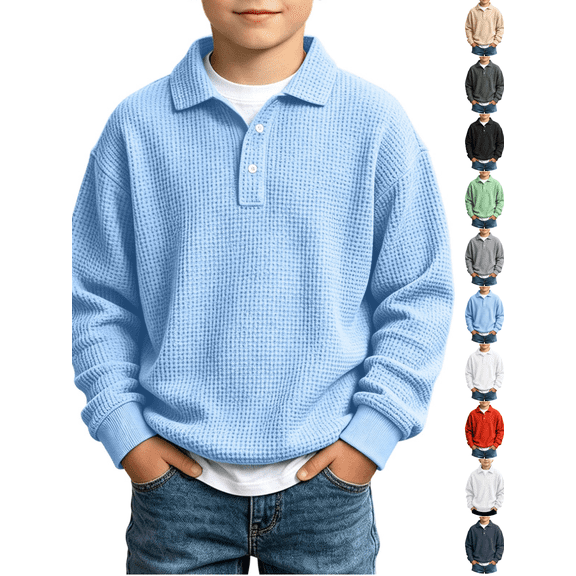 Toddler Boys Henley Sweatshirts Long Sleeve Waffle Knit Tops Button Down Pullover Casual Fall Winter Thermal Basic Shirts Clothes School Wear