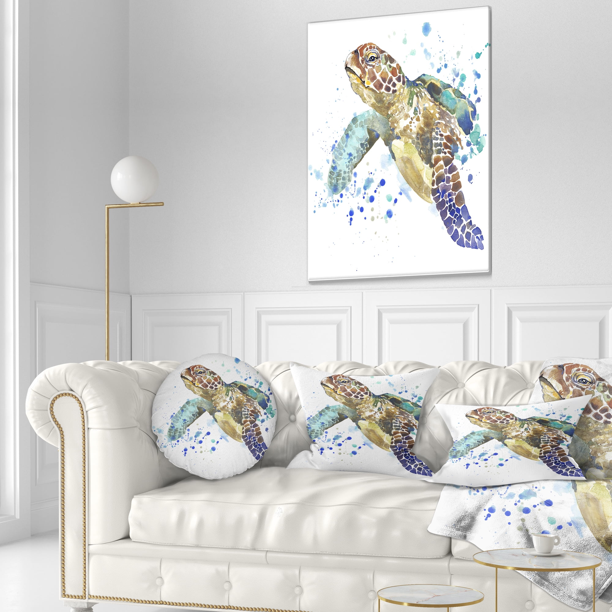 Designart Blue Sea Turtle Illustration - Animal Throw Pillow - 12x20