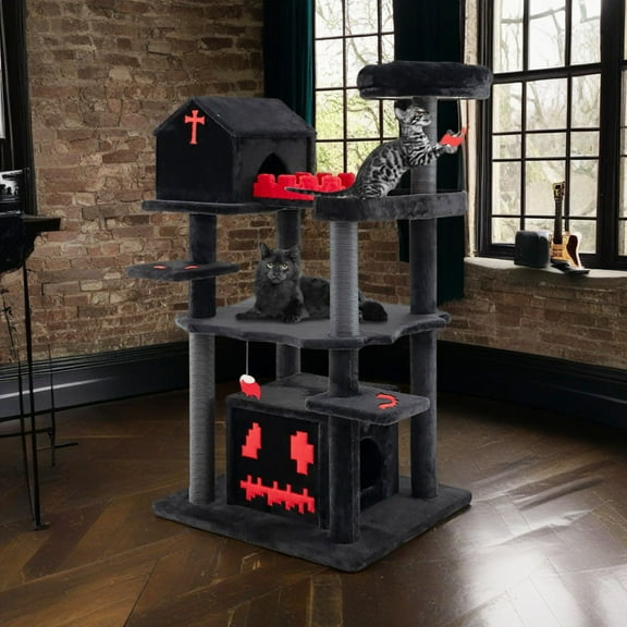 Pefilos 49" Gothic Cat Tree Tower with Coffin Bed, Cat Tree House with Scratching Post and Cat Condo, for Small Medium Cats, Black
