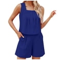 thumbnail image 5 of JWZUY Womens Cotton Linen Square Neck 2023 Trendy Matching Sets 2 Piece Outfits Crop Tops Short Set Lounge Clothes Beach Summer Blue XL, 5 of 6