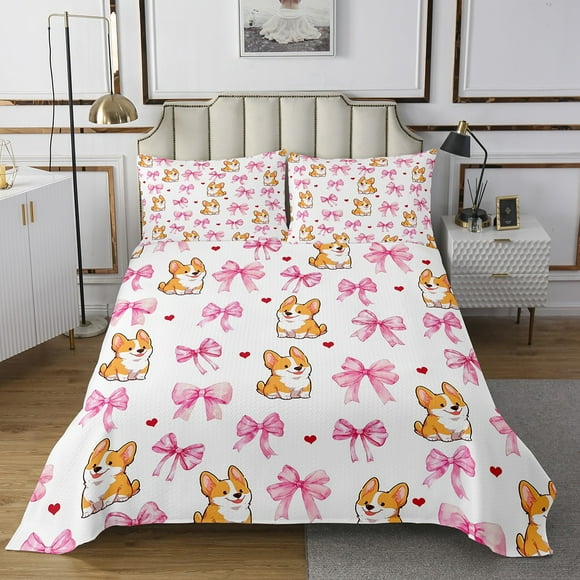 Erosebridal Cartoon Corgi Quilt Sets for Queen Size Bed,Kawaii Bow Bed Set,Love Heart Coverlet Set Queen,Breathable Kids Bedroom Decor,3pcs
