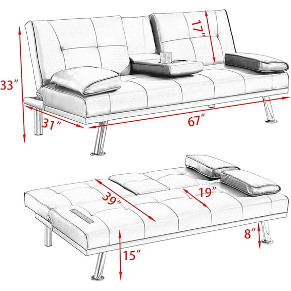 Faux Leather Convertible Folding Futon Sofa Bed with Adjustable Backrest, Movable Armrests, and Cup Holders for Living Room and Small Spaces