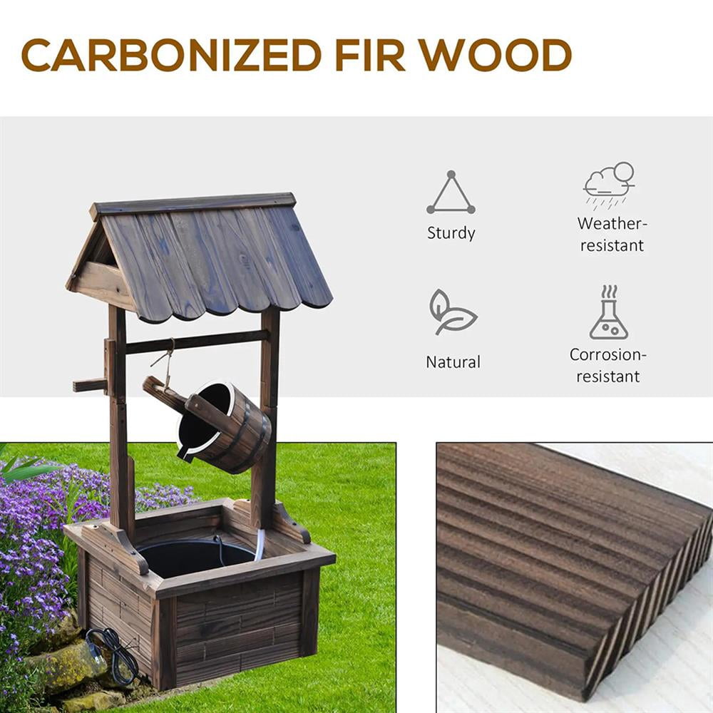 GVN Outdoor Wooden Wishing Well Fountain with Adjustable Water Flow Rate, Outdoor Rustic Waterfall Fountain with Electric Pump, Water Bucket